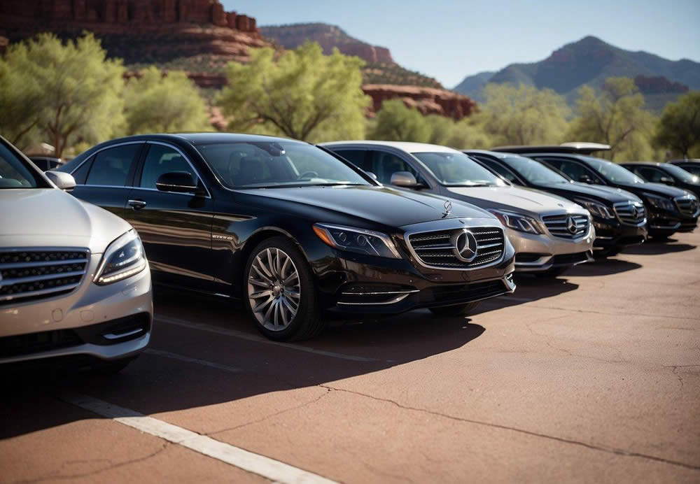 A line-up of sleek, chauffeur-driven luxury vehicles await passengers outside a picturesque Sedona airport, ready to whisk them off to Phoenix in style