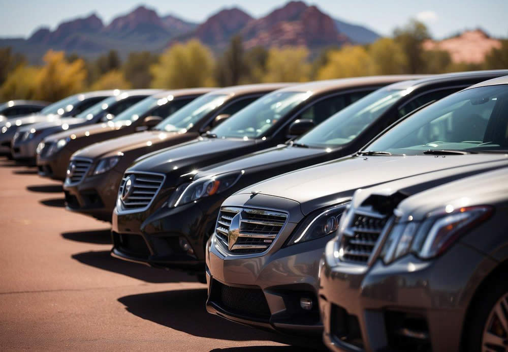 Luxury vehicles lined up at Sedona airport, with Phoenix skyline in the distance