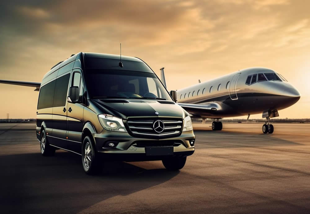 Luxury van with private jet on airport