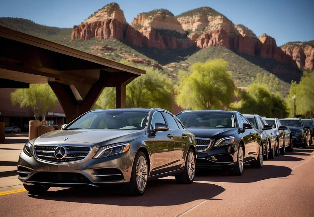 Luxury vehicles line up outside Sedona airport, ready to transport passengers to Phoenix. The top 5 companies' logos are displayed prominently on each vehicle