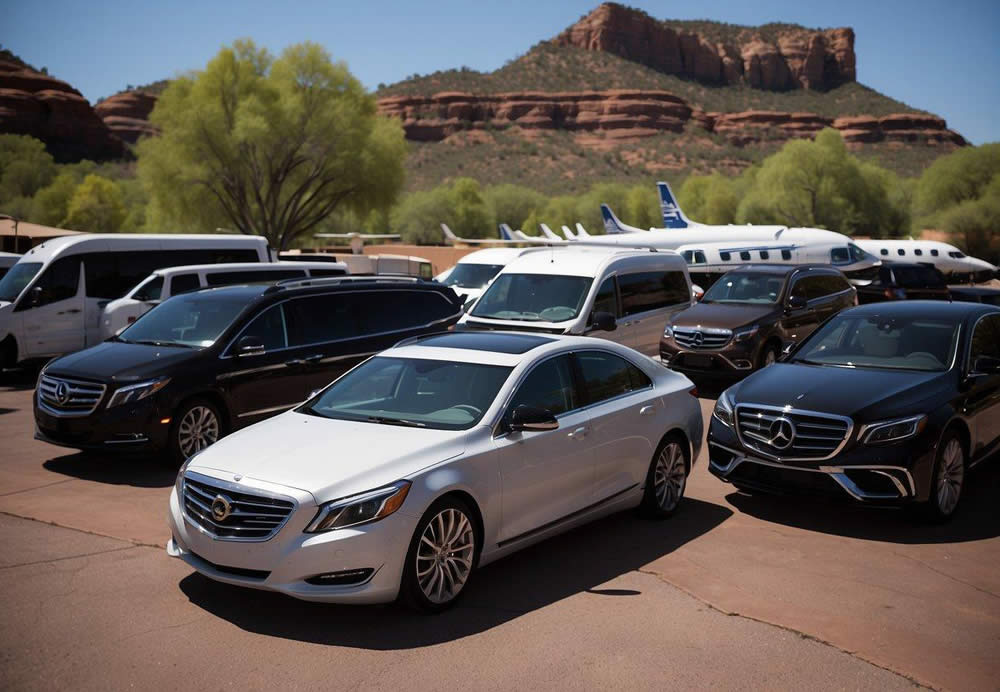 Luxury airport transportation companies lined up at Sedona airport, with sleek vehicles and professional staff providing top-notch customer service