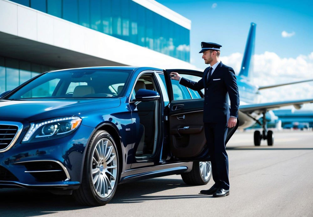 A sleek, luxury car pulls up to the airport terminal. A professional chauffeur in a smart uniform opens the door, ready to assist with luggage