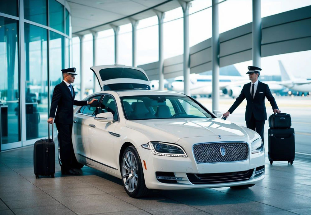 A luxury car waiting at the airport curb, with a professional chauffeur standing by to assist travelers with their luggage