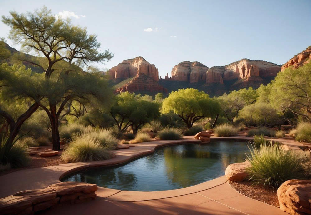 A serene desert landscape with red rock formations, lush greenery, and luxurious spa facilities nestled within the natural surroundings of Sedona, Arizona