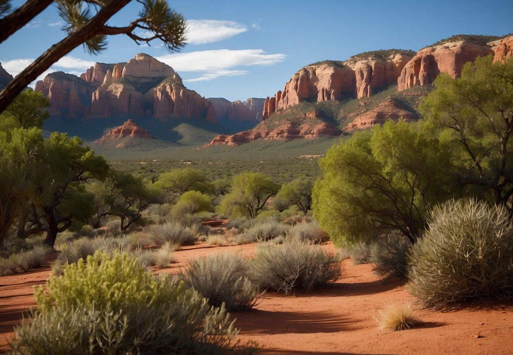 A serene desert landscape with red rock formations, lush greenery, and a clear blue sky, showcasing the natural beauty of Sedona, Arizona