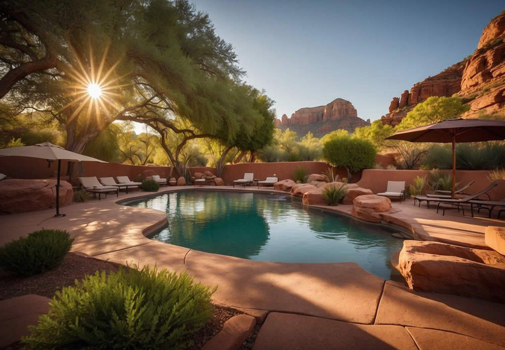 A serene desert landscape with red rock formations and lush greenery surrounds a luxurious spa resort in Sedona, Arizona. A tranquil pool reflects the vibrant colors of the sunset, while guests relax in outdoor hot tubs and receive massages in private cabanas