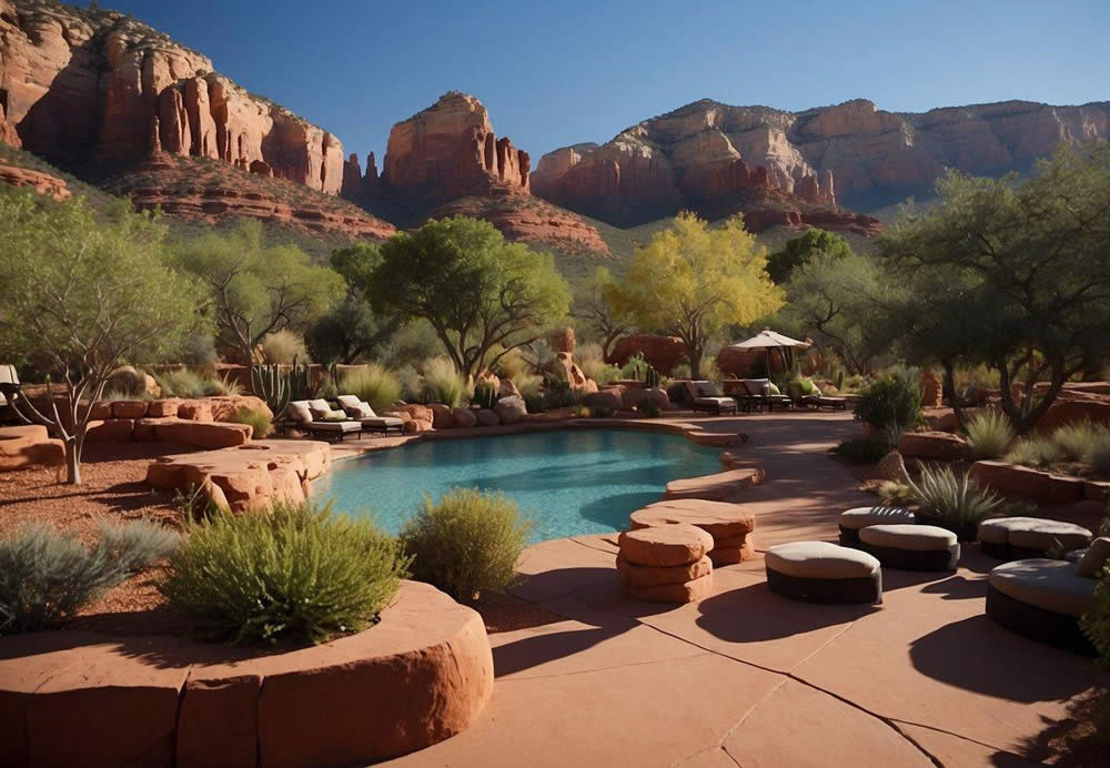 Guests relax at Sedona's top spas, surrounded by red rock formations and lush desert landscapes. Cascading water features and serene meditation gardens enhance the tranquil atmosphere