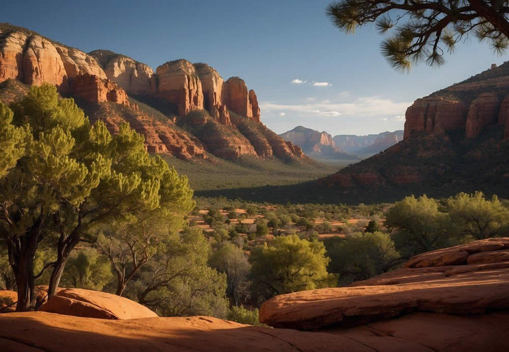 The serene landscape of Sedona, Arizona, with red rock formations and ...