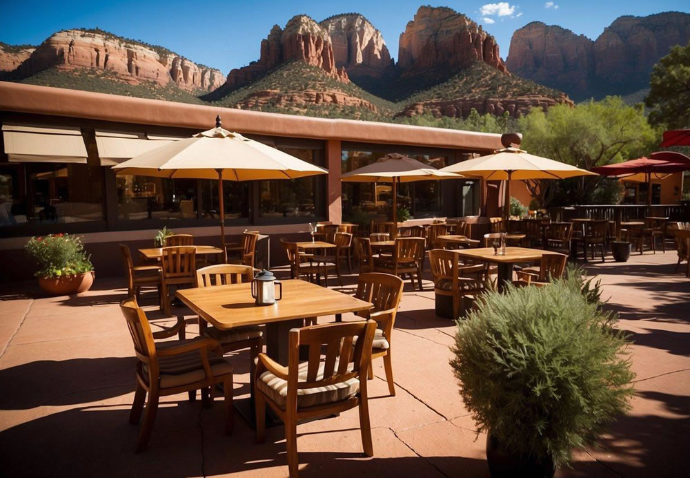 A cozy cafe nestled in the red rock mountains of Sedona, with outdoor seating overlooking the stunning desert landscape. A colorful array of fresh fruits, pastries, and steaming hot coffee are served on wooden tables