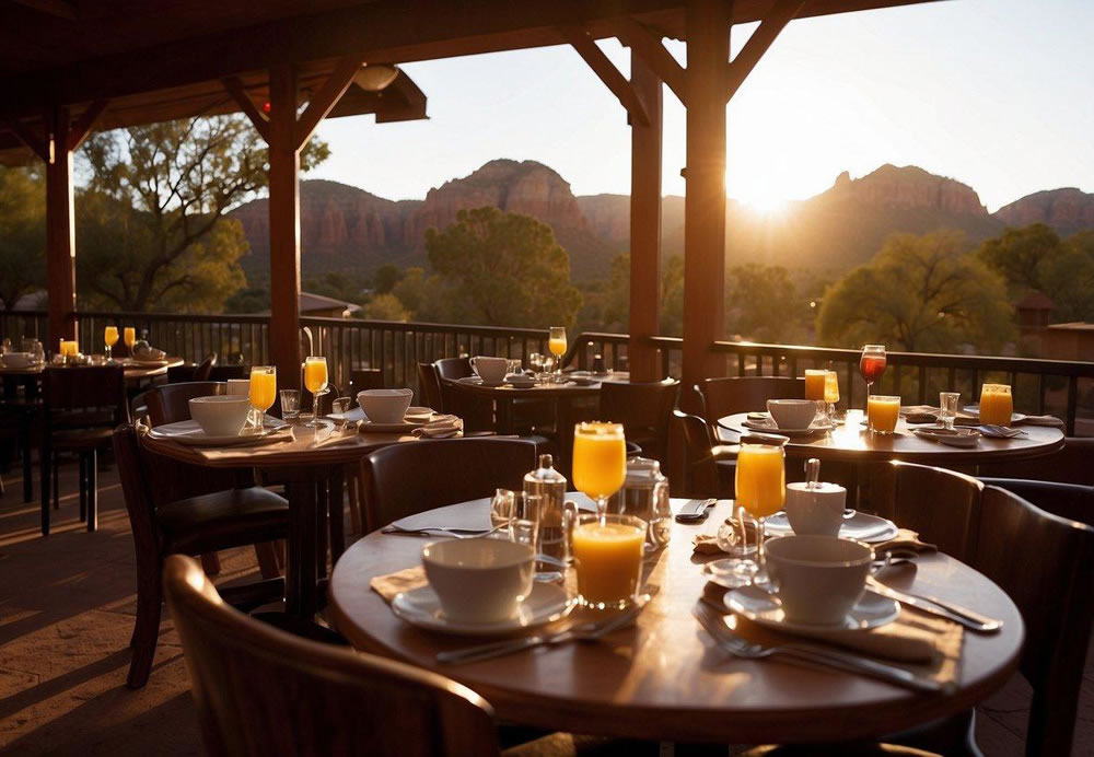 The sun rises over the red rock formations as Judi's Restaurant & Lounge prepares to serve its famous breakfast dishes in Sedona, Arizona