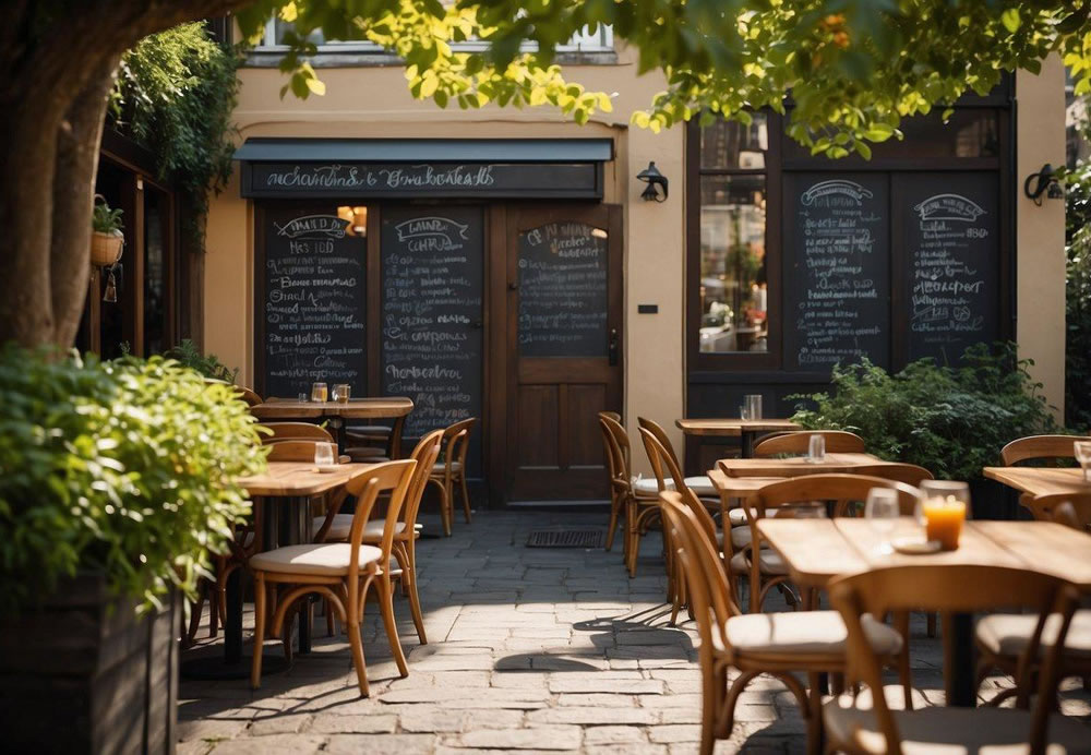 A cozy, sunlit cafe with wooden tables and chairs, surrounded by lush greenery and colorful flowers. A chalkboard menu hangs on the wall, featuring a variety of organic breakfast options