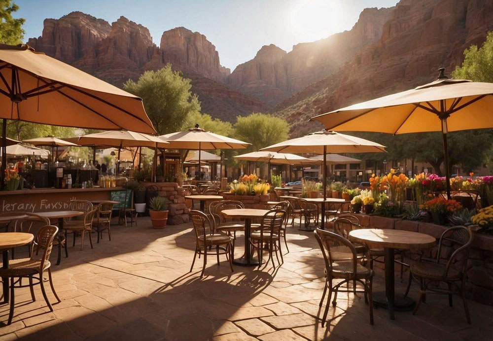 The sun rises over a cozy cafe nestled in the red rock canyons. Tables are set with colorful umbrellas, and the market displays fresh produce and local crafts