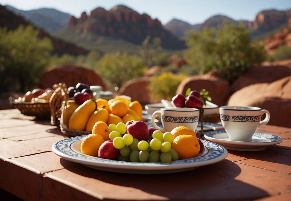 A table set with colorful plates and fresh fruits, overlooking the red rock formations of Sedona. The morning sun casts a warm glow on the outdoor patio, where a steaming cup of coffee awaits