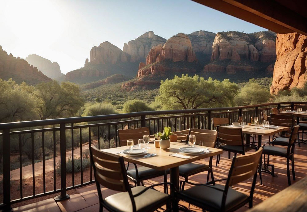 A cozy cafe nestled in the red rock mountains of Sedona, serving up delicious breakfast dishes with a breathtaking view of the surrounding natural beauty