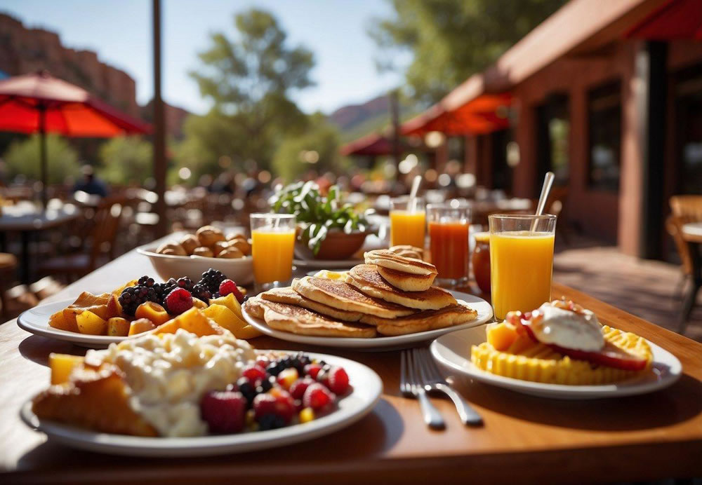 A bustling breakfast scene in Sedona, with colorful outdoor patios, scenic red rock views, and a variety of delicious breakfast dishes being served