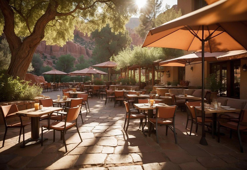 A cozy bistro nestled by a babbling creek, surrounded by red rock formations. Sunlight filters through the trees, casting dappled shadows on the outdoor patio. Tables are set with colorful umbrellas, and the scent of freshly brewed coffee fills