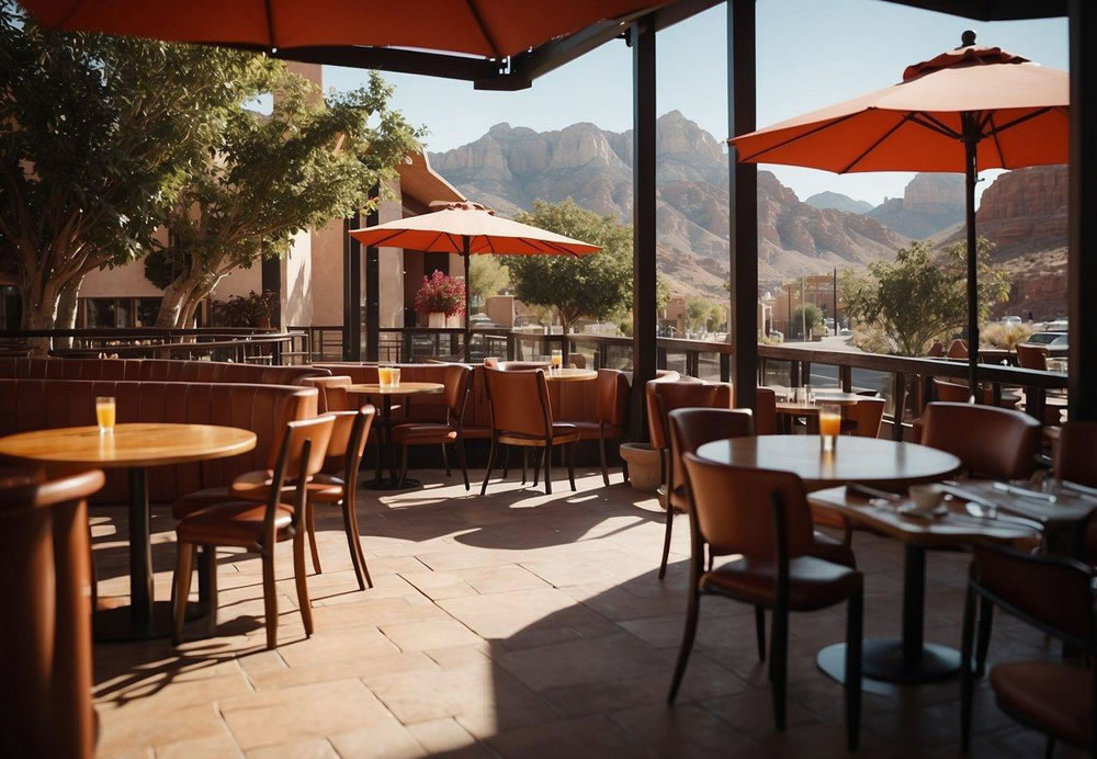 A cozy café with red rock views, bustling with locals and tourists enjoying a variety of breakfast dishes