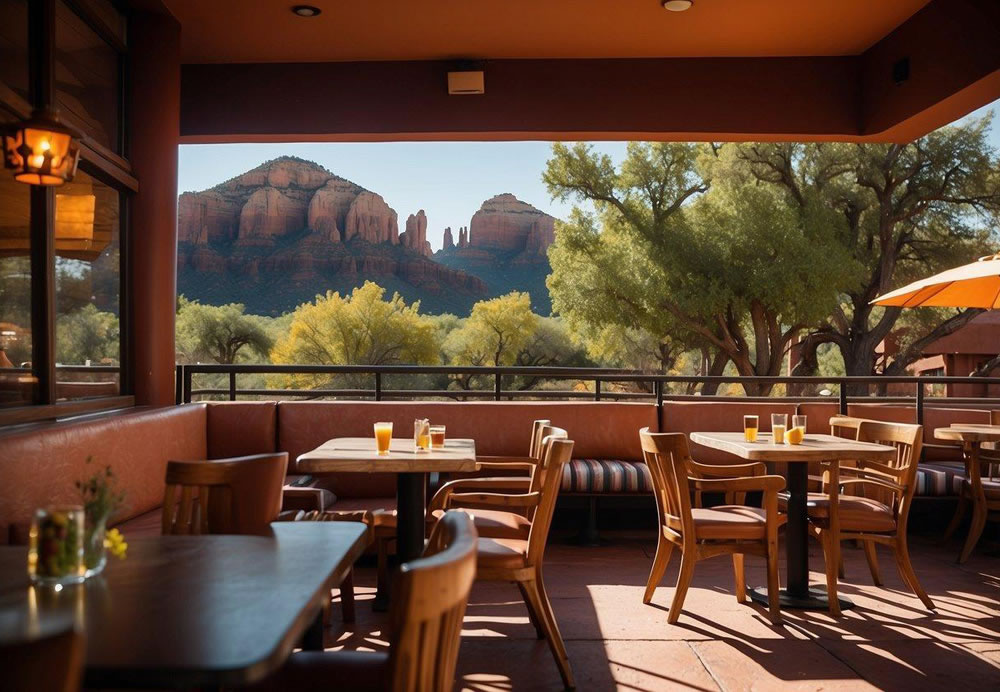 A cozy restaurant with red rock views, outdoor seating, and a colorful southwestern decor. A bustling breakfast spot in Sedona, Arizona