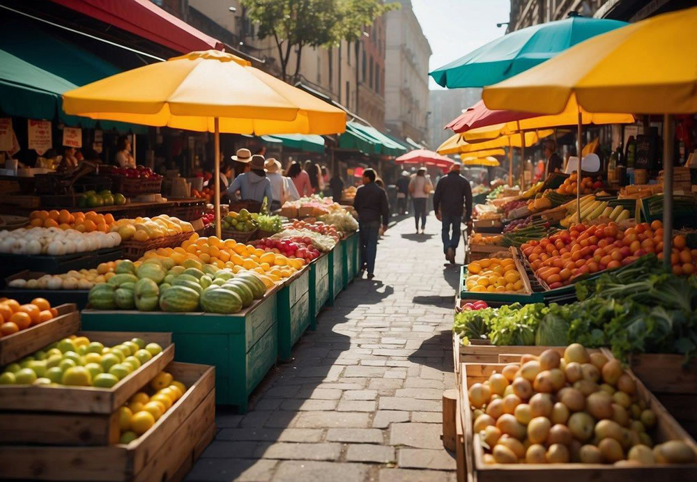 A bustling market with outdoor seating and colorful umbrellas. The sun shines on the vibrant display of fresh produce and artisanal goods