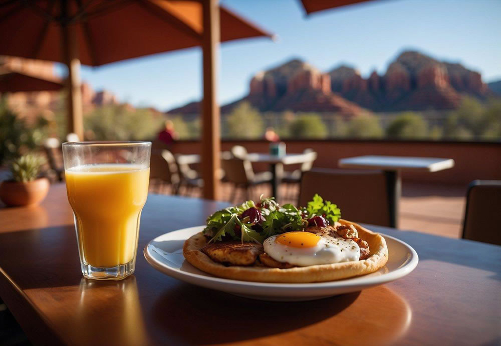 A cozy cafe nestled in the red rock landscape, serving up delicious breakfast dishes with a view of the stunning Sedona scenery