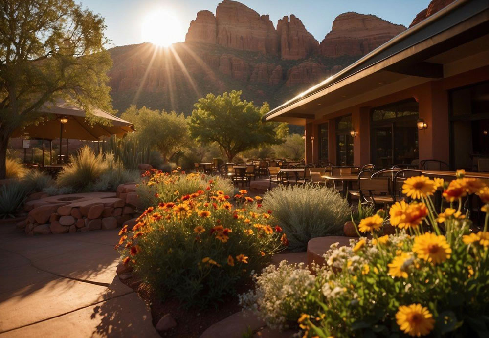 The sun rises over the Red Rock Café, casting a warm glow on the outdoor patio. A colorful array of flowers adorns the entrance, while the red rocks of Sedona provide a stunning backdrop