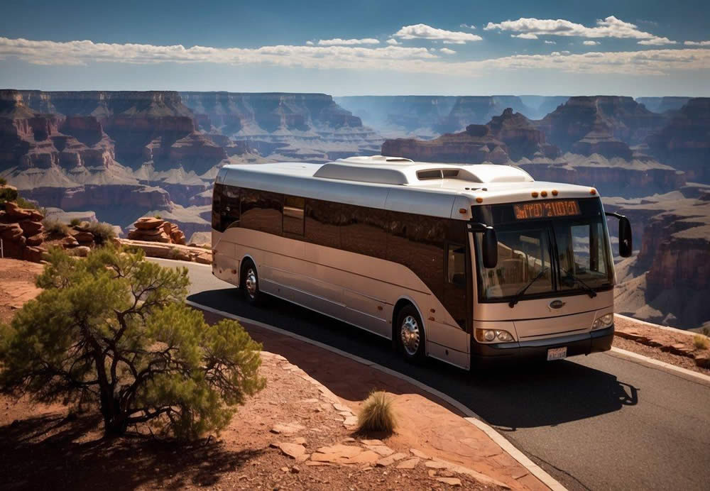 A luxurious tour bus winds along the South Rim of the Grand Canyon, with red rock formations towering in the background. The vast expanse of the canyon stretches out before it, creating a breathtaking scene