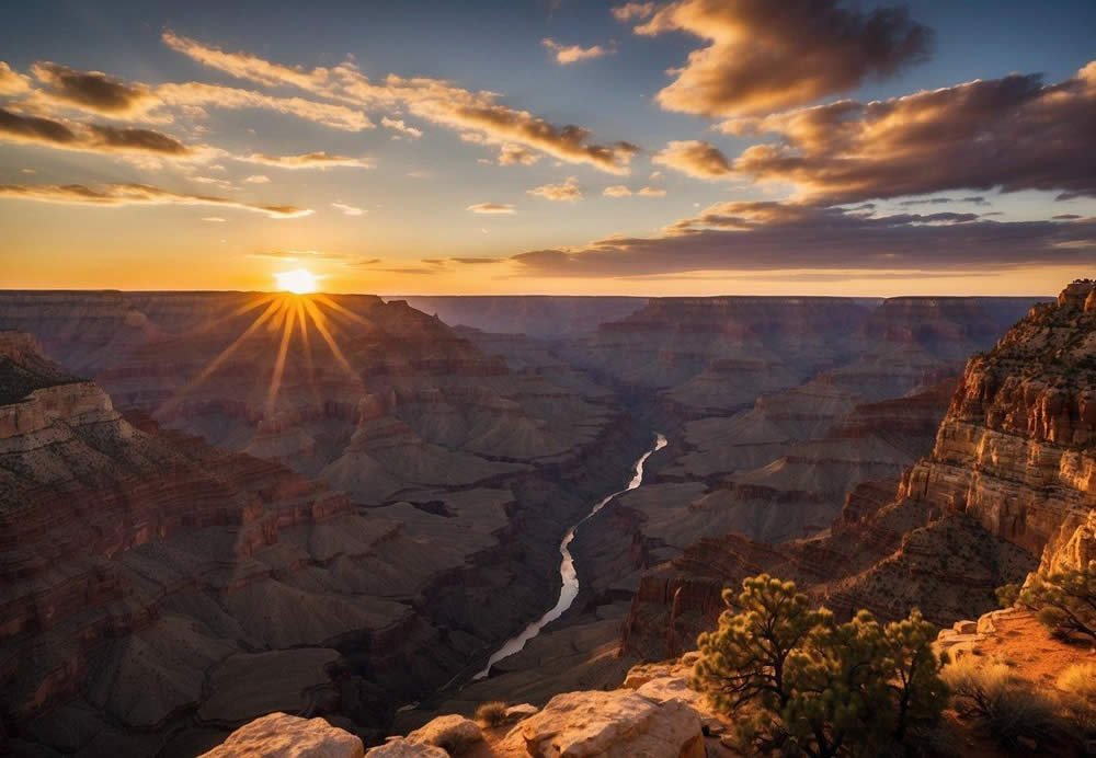 The sun sets over the vast expanse of the Grand Canyon, casting a warm glow over the rugged landscape. A luxury tour bus sits parked, ready to take visitors on an unforgettable journey through the South Rim