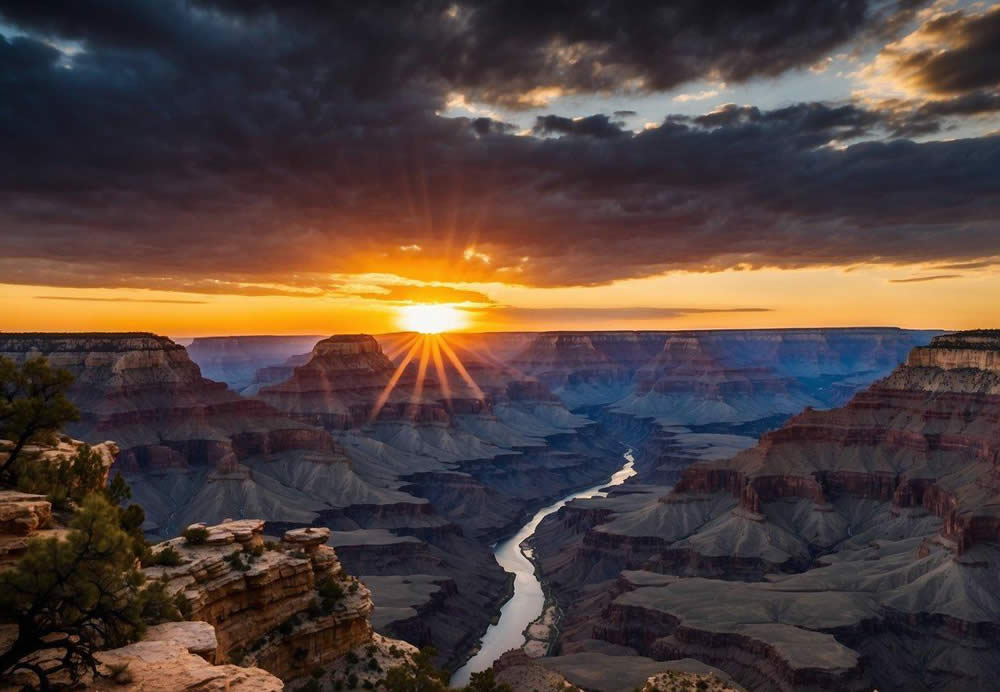 Sunset over Grand Canyon South Rim, with colorful layers of rock and the Colorado River winding through the vast landscape