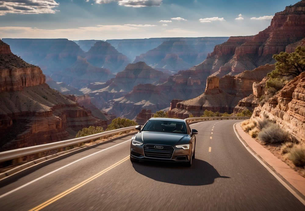 A luxurious vehicle drives along the winding roads of the Grand Canyon South Rim, with stunning red rock formations in the background