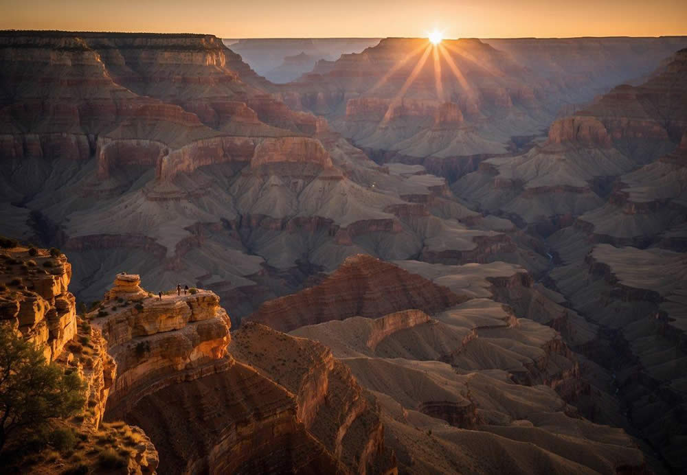 The sun sets over the majestic Grand Canyon, casting a golden glow on the rugged cliffs and deep valleys below. The vibrant colors of the landscape come alive as the tour group takes in the breathtaking views from the South Rim