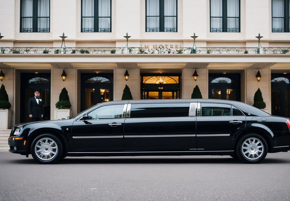 A sleek black limousine parked in front of a grand hotel entrance, with a chauffeur standing by the open door