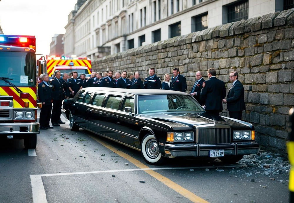 A vintage limousine crashes into a stone wall, surrounded by onlookers and emergency vehicles